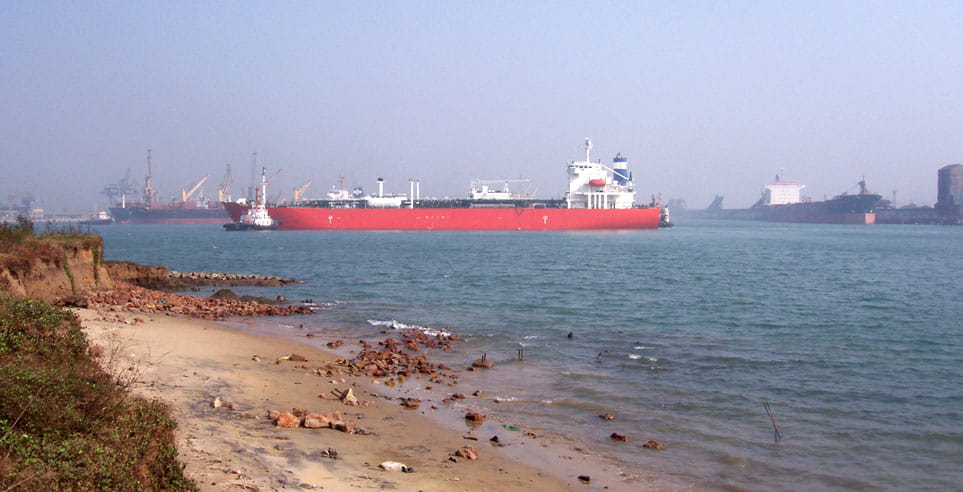 A ship waiting to dock at the Paradip Port.