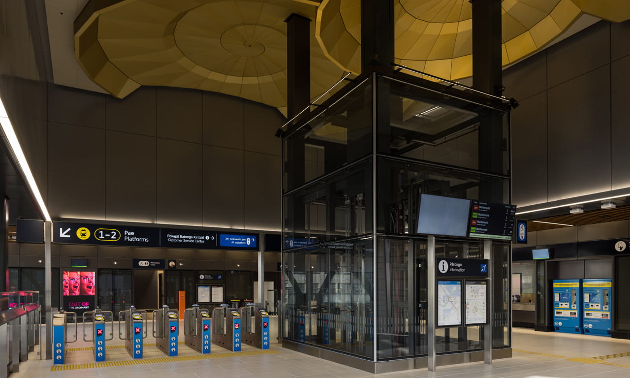 The interior concourse of the Karanga-a-Hape Station, one of the underground rapid transit stations project in New Zealand.