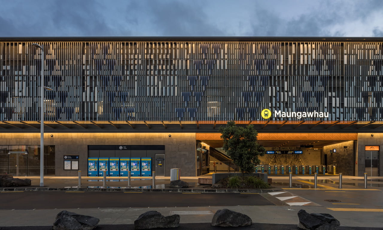 The exterior facade of the newly rebuilt Maungawhau railway station, formerly known as Mount Eden station, in Auckland, New Zealand.