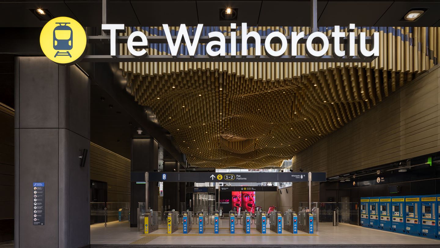 Entry ticket gates to Te Waihorotiu Station in Auckland, New Zealand.