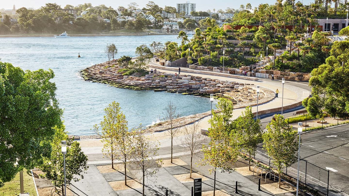 Sandstone fingers outstretch to the water’s edge at Barangaroo Reserve.