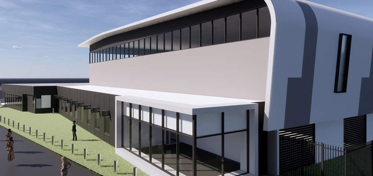 Close up view of one of the buildings at new WA Railcar Assembly Facility.