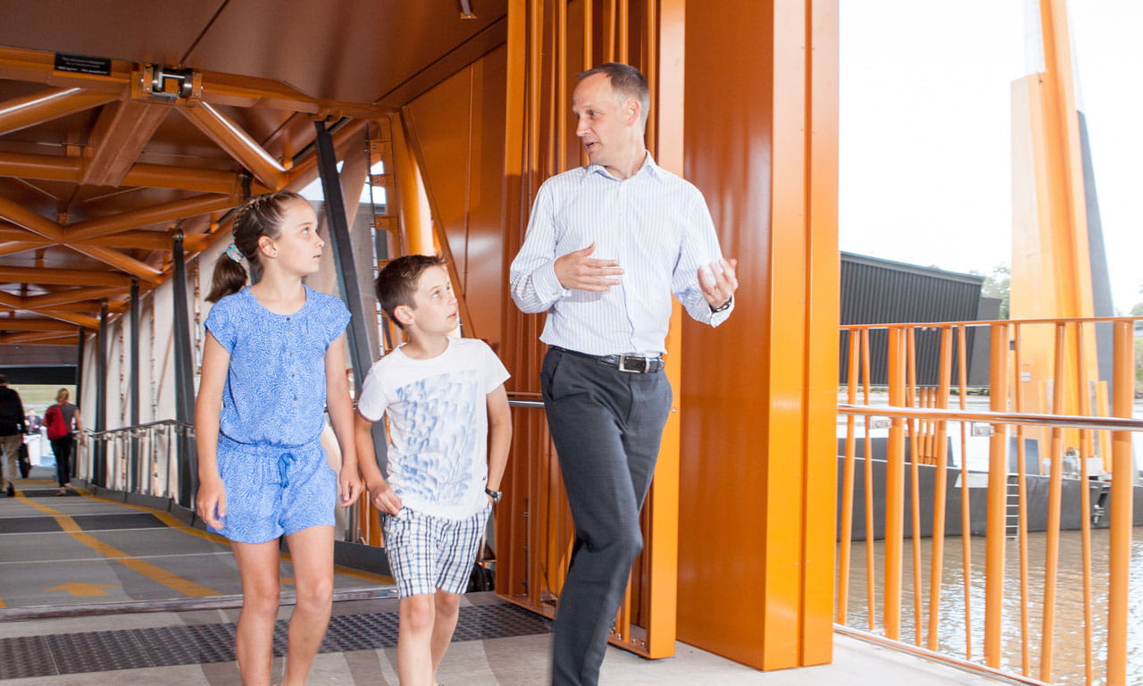 Aurecon engineer Arne Nilsen and his children enjoy travelling on the purpose-built ferry network. Image courtesy from Paul Harris.