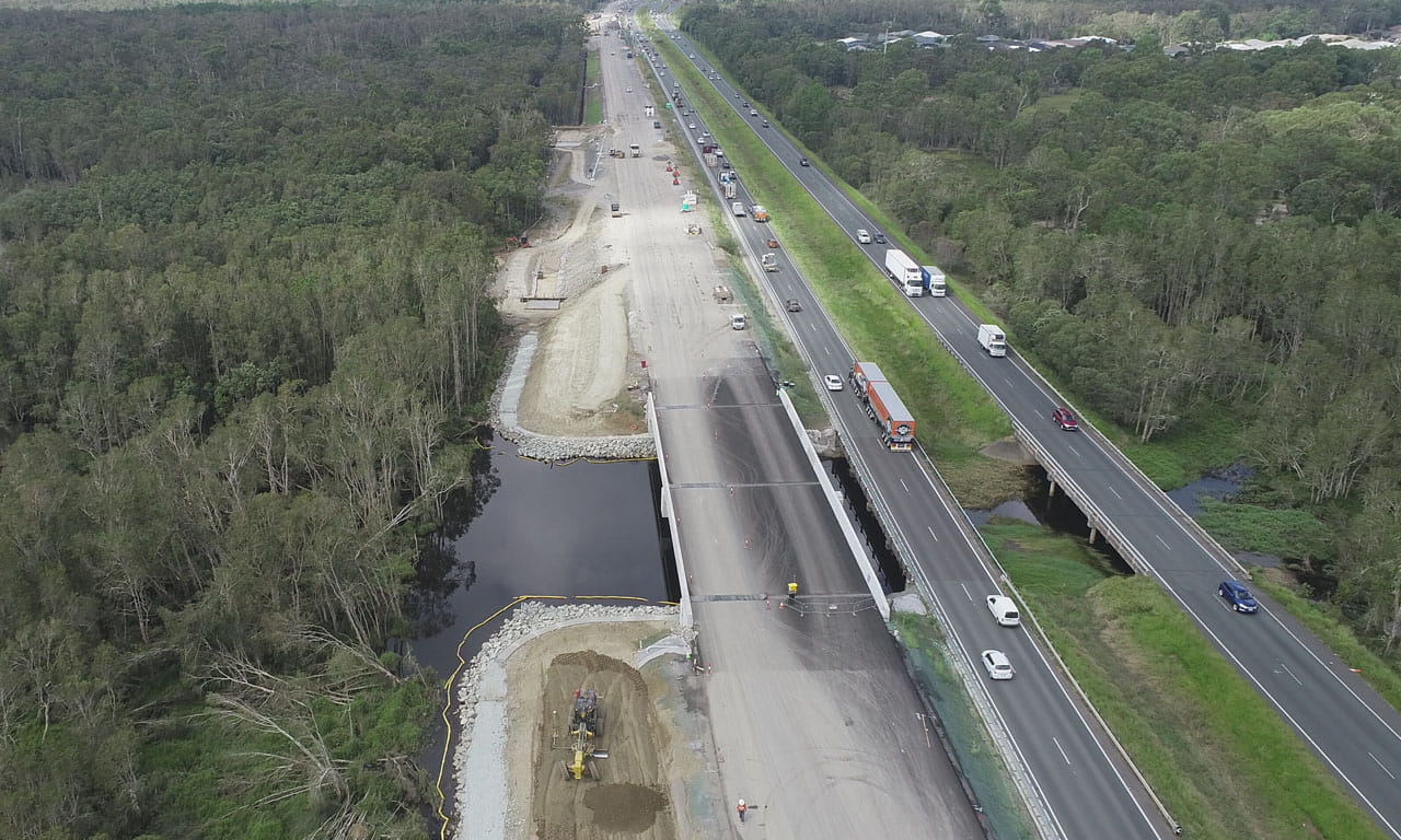 Bridge works progressing for the new southbound Bruce Highway carriageway.