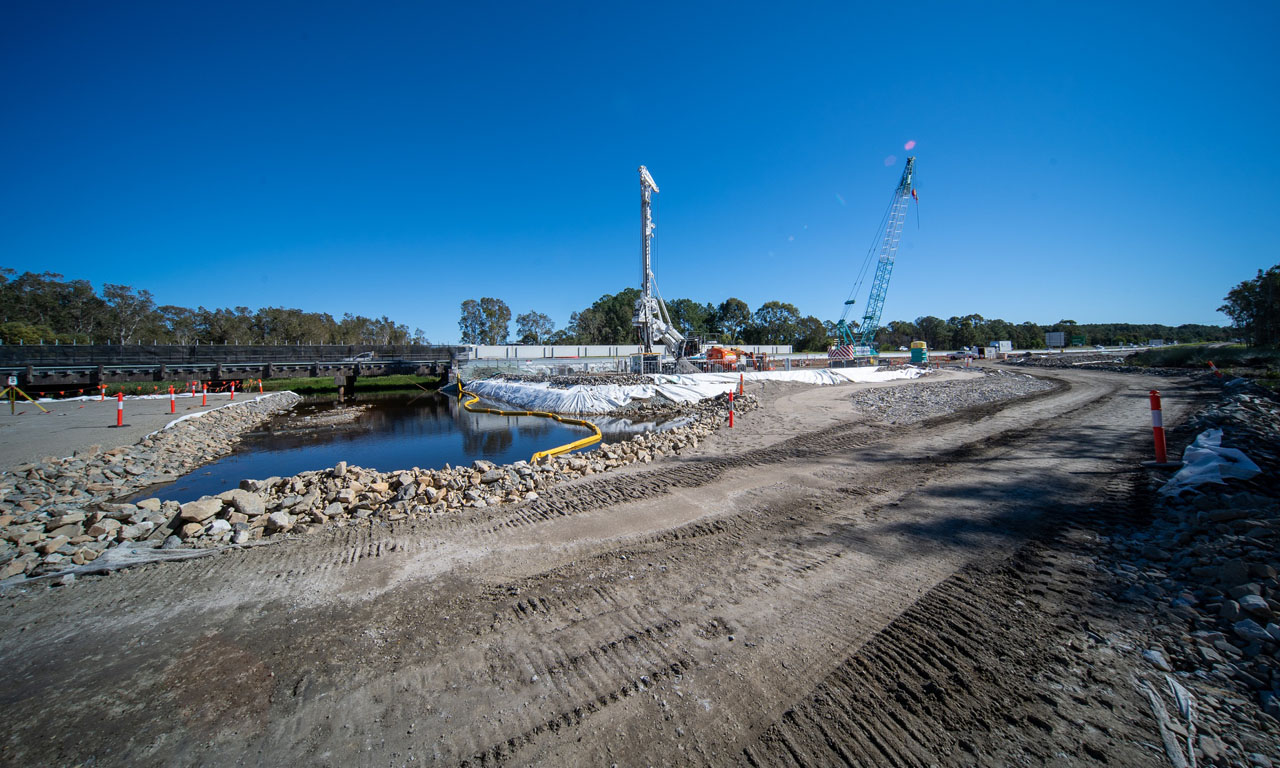 Piling works at King Johns Creek for the new southbound Bruce Highway carriageway.