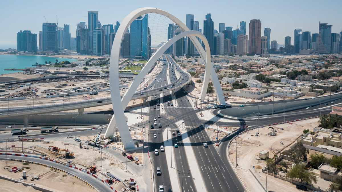 The iconic arches located at the 5/6 Interchange on Lusail Expressway. Image courtesy of Public Works Authority, Ashghal. Credit KBR as the PMC.