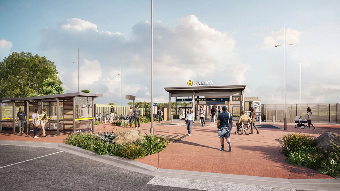 At Paerātā Station, Aurecon redesigned the layout to simplify bus-to-train transfers by raising the platform for single-level access, enhancing accessibility.