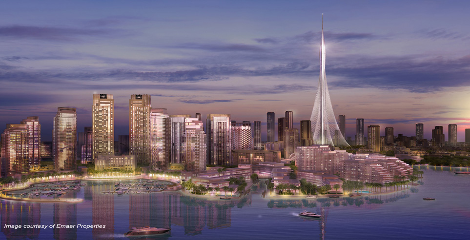 The Tower at Dubai Creek Harbour artist render view from harbour (image courtesy of Emaar Properties)