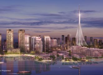 The Tower at Dubai Creek Harbour artist render view from harbour. Image courtesy of Emaar Properties.