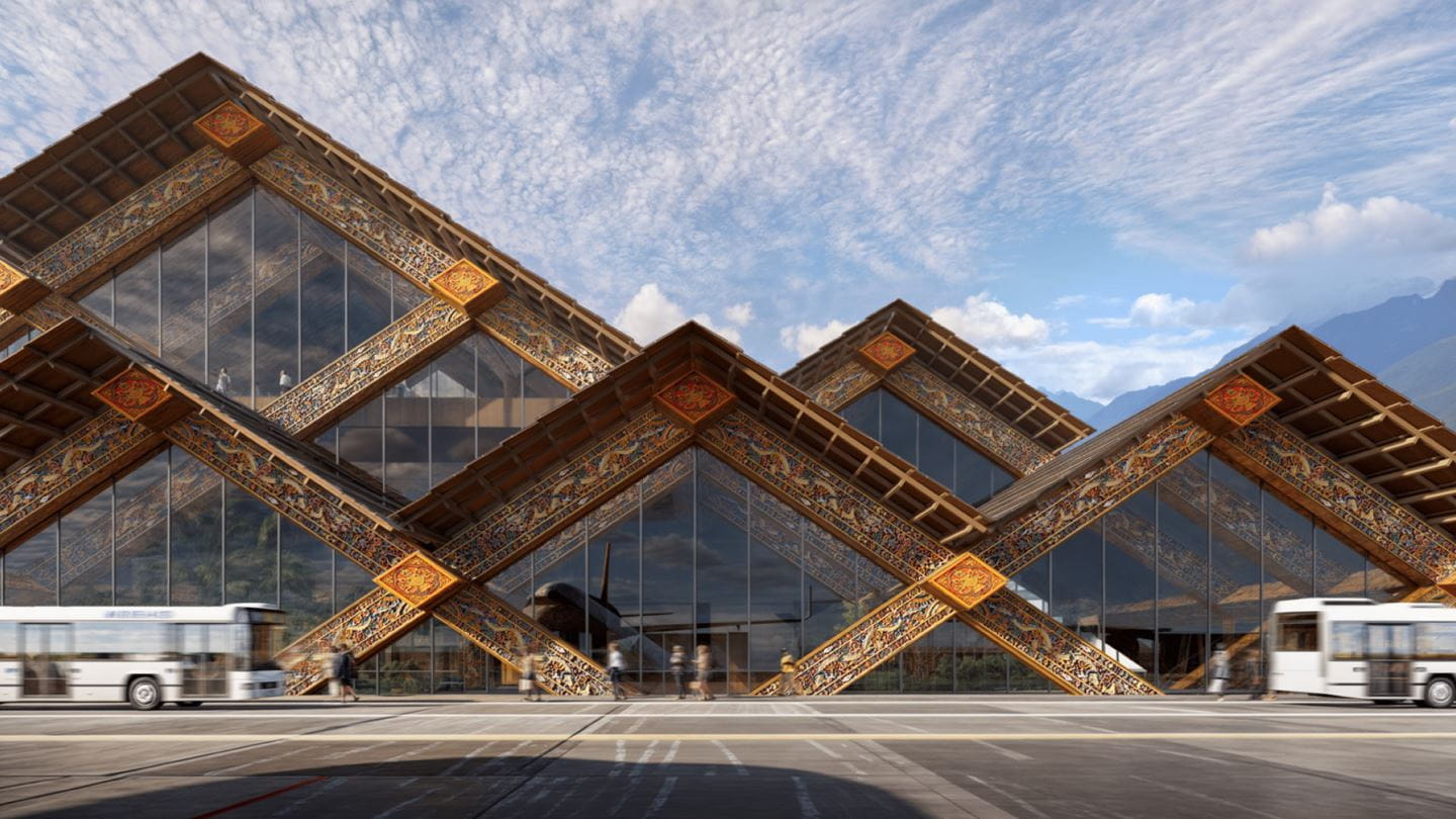 A rendering of Gelephu International Airport showing modular diagrid structure decorated with traditional Bhutanese woodcarvings. Image courtesy of BIG-Bjarke Ingels Group.