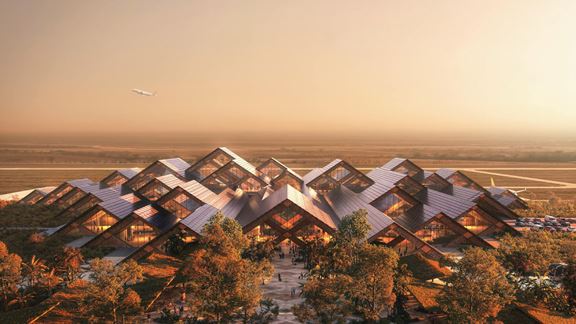 Bhutan's International Airport infuses modern engineering solutions with cultural heritage to deliver sustainable connectivity. Image courtesy of BIG-Bjarke Ingels Group.