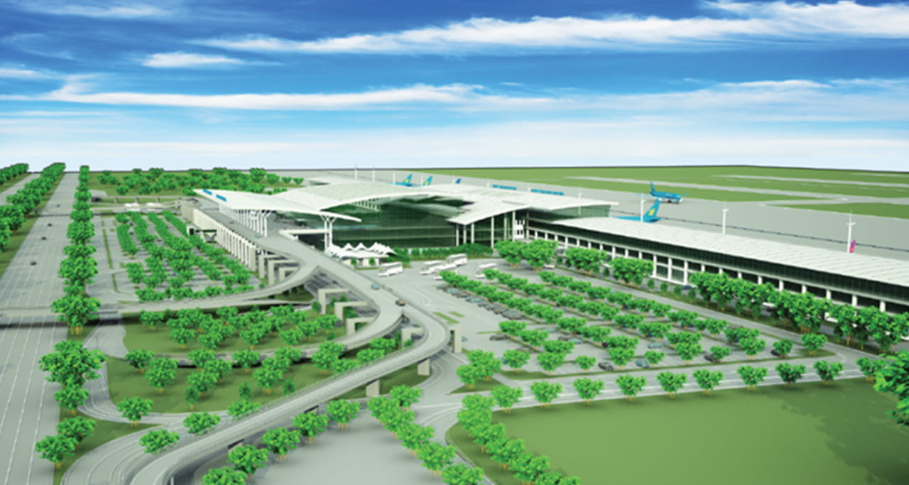 Concept artwork showing the amount of green space around the exterior of the Hanoi International Airport Terminal 2.