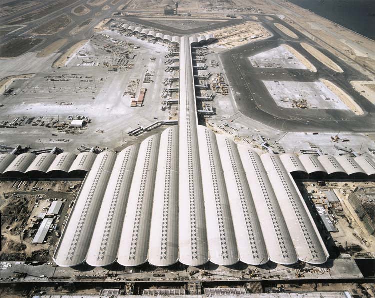 An aerial view of the Hong Kong International Airport Terminal Buildings.