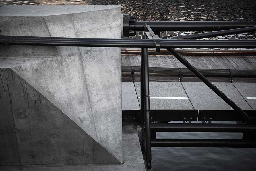 Close up of steel and concrete abutment used on the Jim Stynes Bridge. Image courtesy of Cox Architecture.