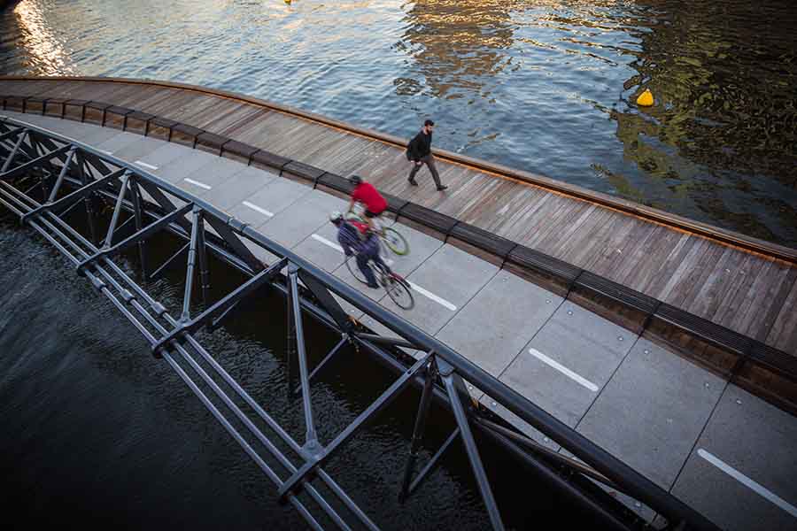View from above of the Jim Stynes Bridge with cyclist and pedestrian. Image courtesy of Cox Architecture.