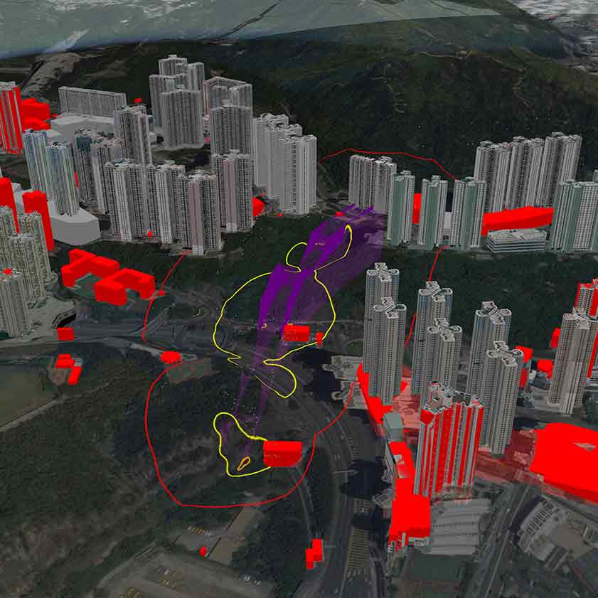 Aurecon's GIS platform was used to map out the location of Sensitive Receivers to understand the potential impact of each blast for the drilling of Lam Tin Tunnel.
