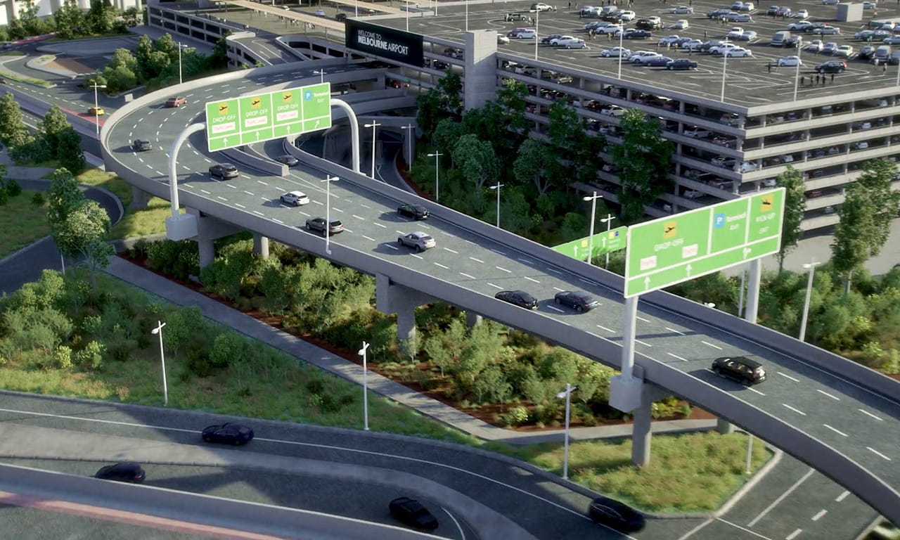 Overpass leading cars directly to drop off, pick up and parking zones.