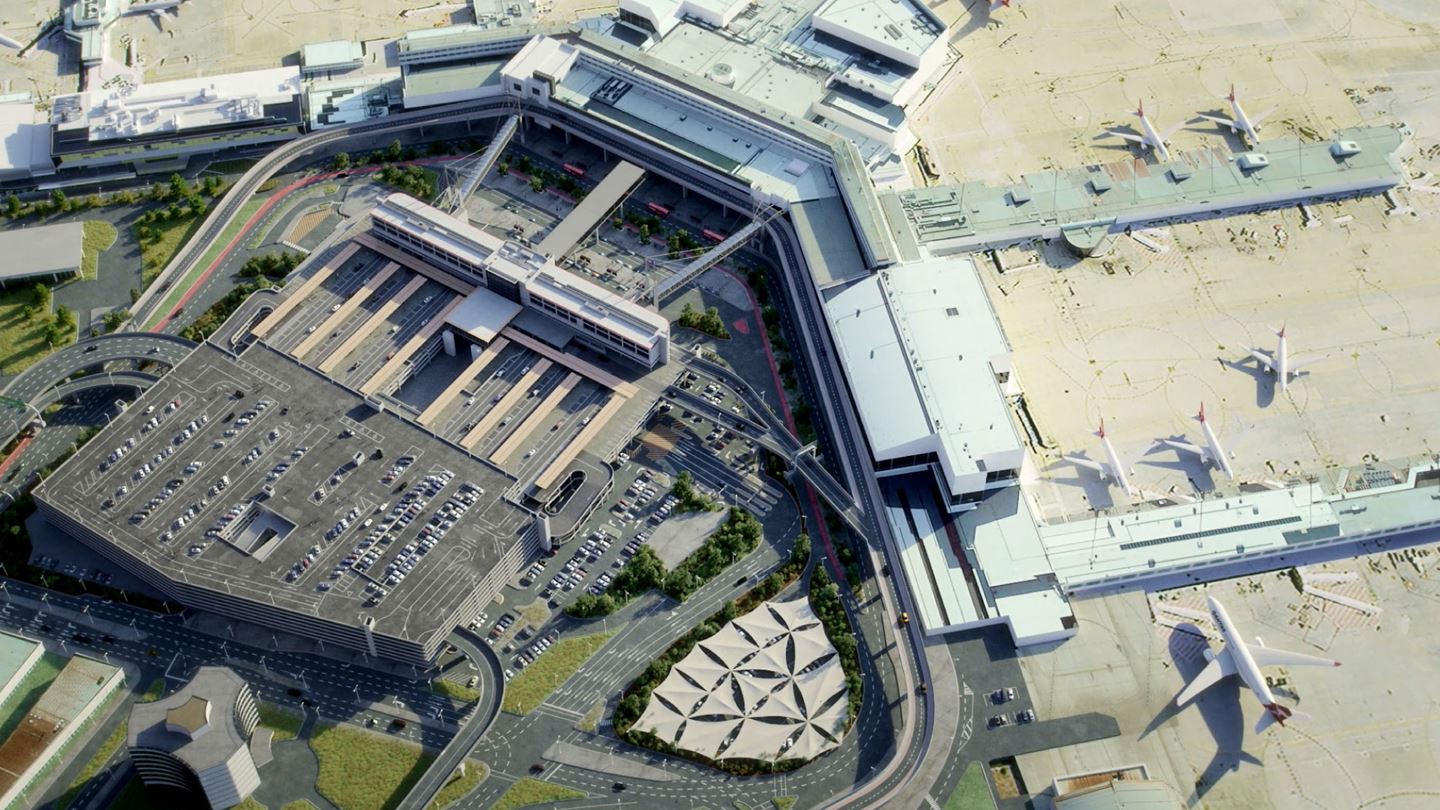 Aerial view of Melbourne airport terminal.