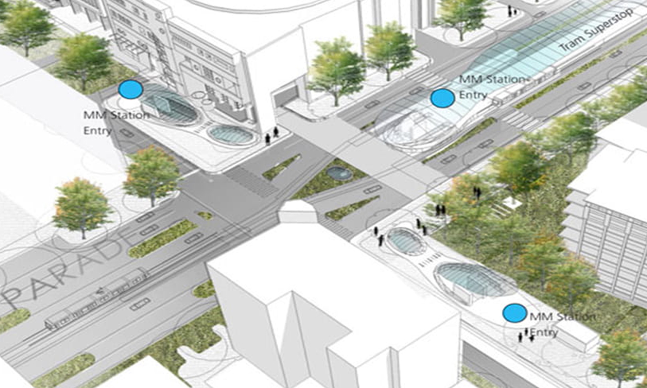 Concept design of station entry points with Tram Superstop, increasing public transport integration.