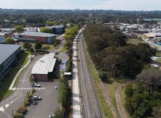 The light rail track, shared pedestrian and bike riding path known as the Active Transport Link in Western Sydney University campus, Rydalmere.