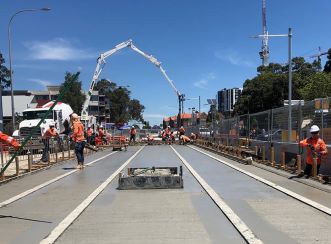 The Parramatta Light Rail includes the installation of 8 kilometres of concrete track slab, the majority being within the existing streetscape between Westmead and Parramatta.