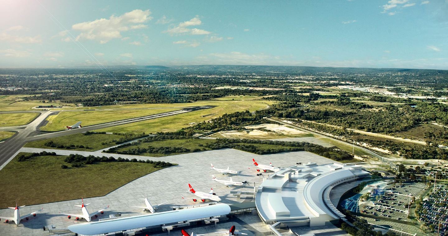 The Perth Airport expansion serves a new runway, substantial taxiways, and aprons.