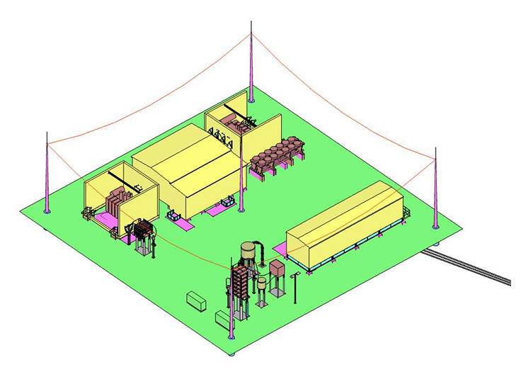 Moreton Bay Rail graph. A conceptual model of Rothwell Feeder Station. From the right hand side clockwise – prefabricated switchroom with cable trench, single phase filter, 2 x 11/0.433 kV padmounts, SFC single phase transformer and signalling filter, containerised SFC, three phase transformer and heat exchanger.