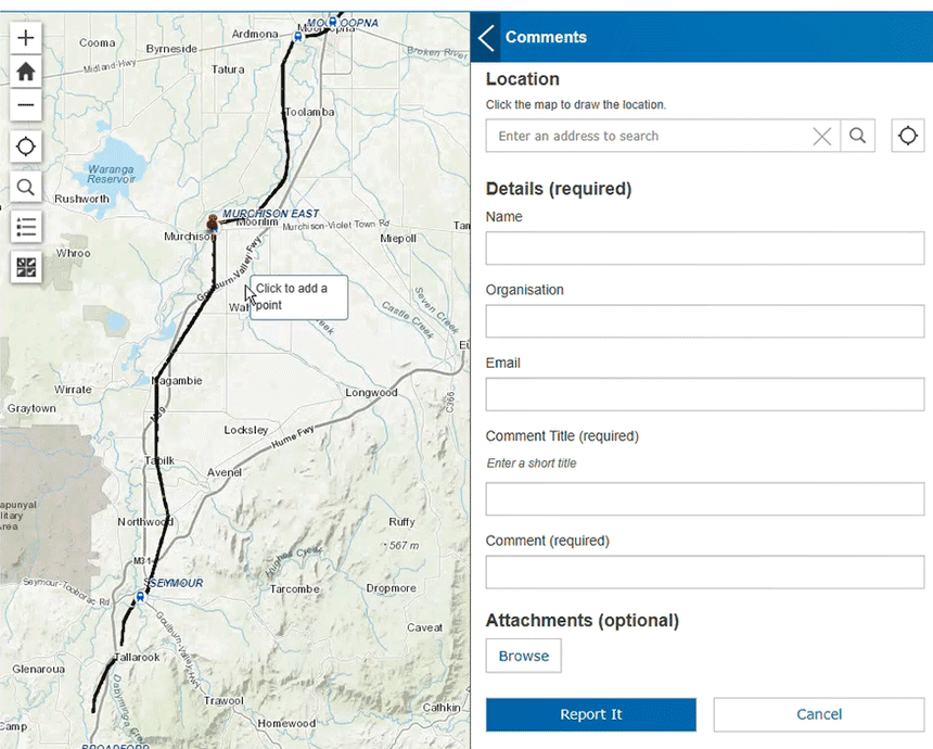Tabled data and project information has been transformed into annotated maps and 3D visualisations for the Shepparton Line Upgrade project.