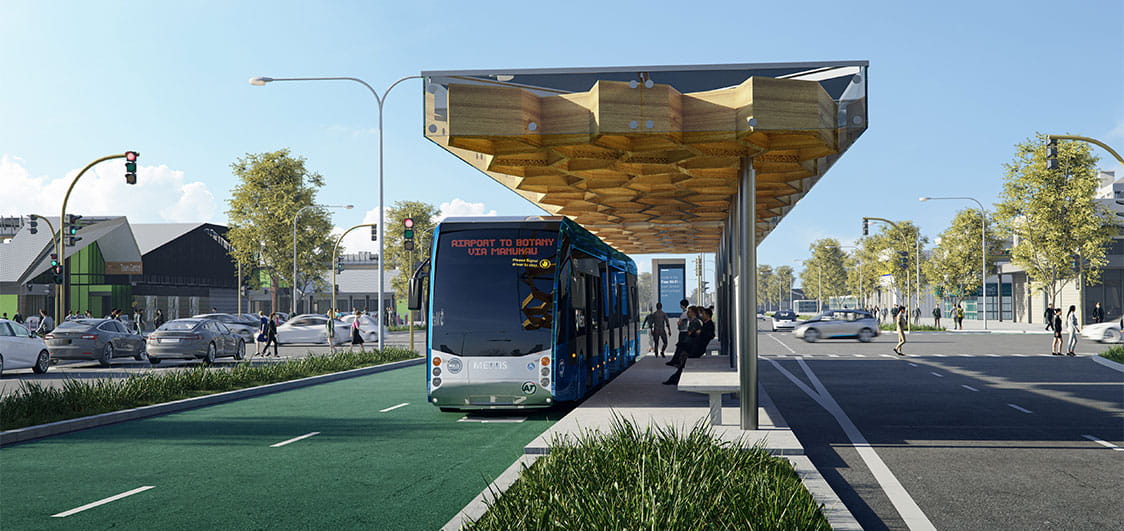 Airport to Botany – Te Irirangi Station Close Up (Artist’s Impression). Image courtesy of Unsigned Studio, Aurecon.