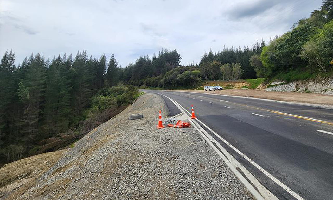 Road works on a cyclone-hit Hawke’s Bay highway.