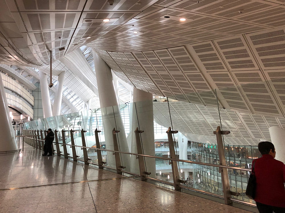 Looking up at the interior of the West Kowloon Station roof structure.