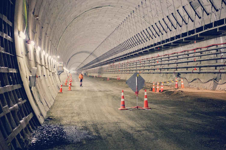 Inside Waterview Connection Tunnel with the roadway under construction on the invert.