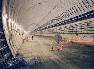 Inside Waterview Connection Tunnel with the roadway under construction on the invert.