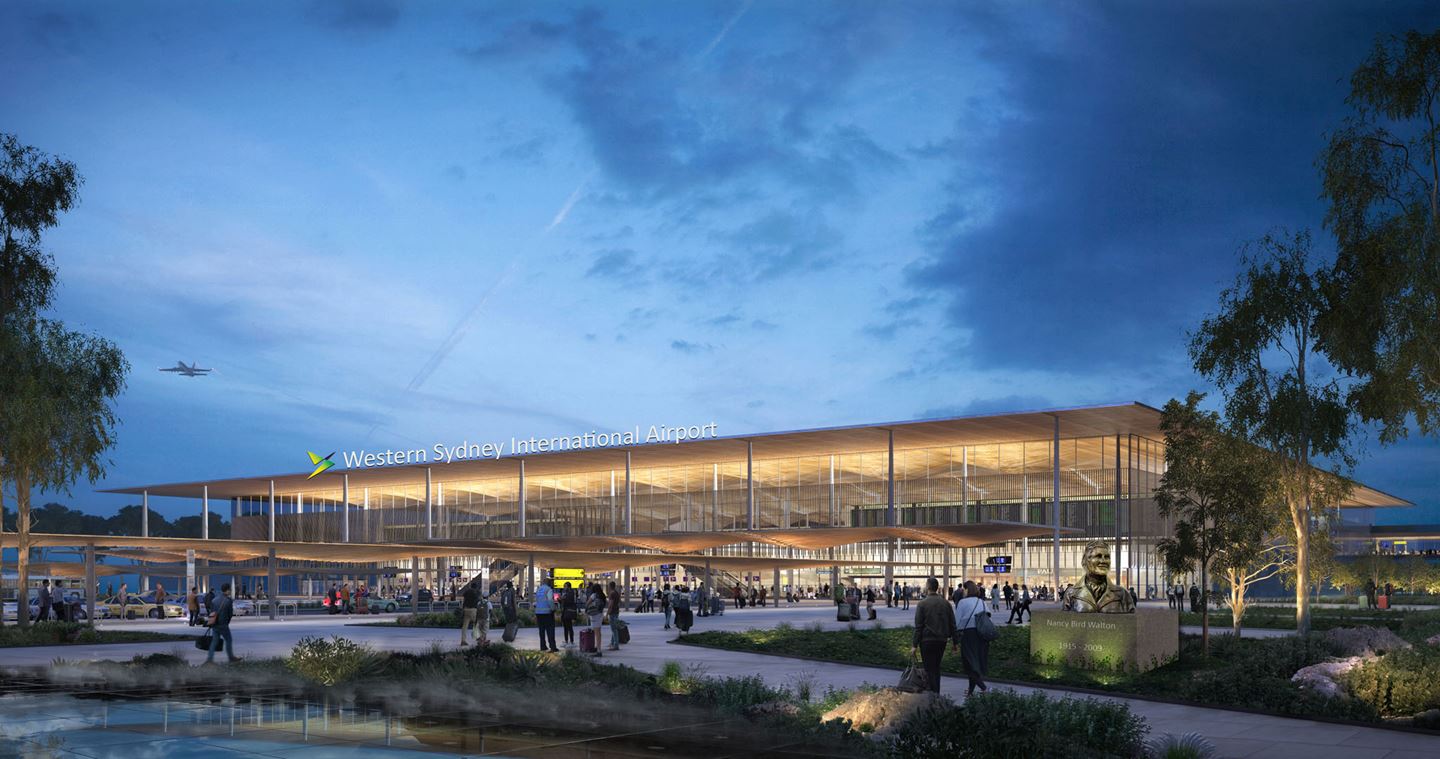 International entrance to terminal at dusk. Image courtesy of Western Sydney Airport.