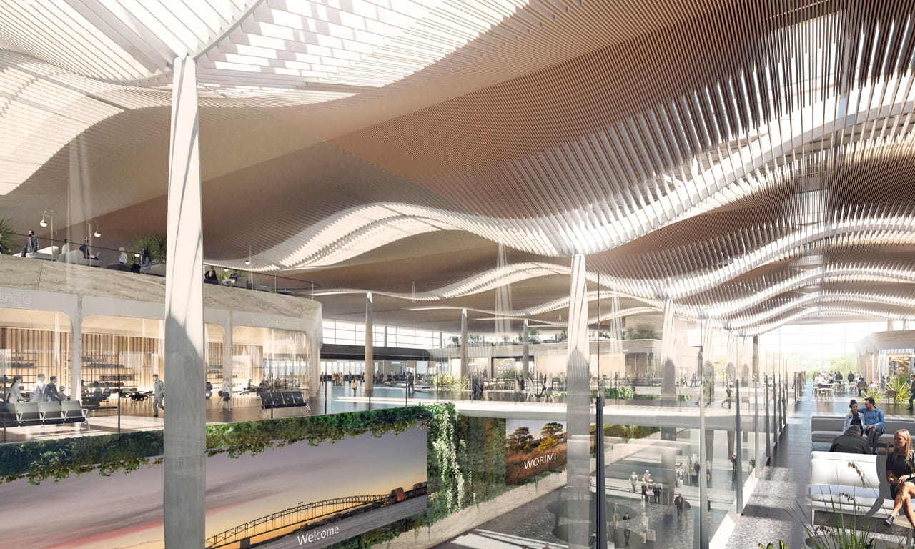The wave ceiling design inside the airport terminal. Image courtesy of Western Sydney Airport.