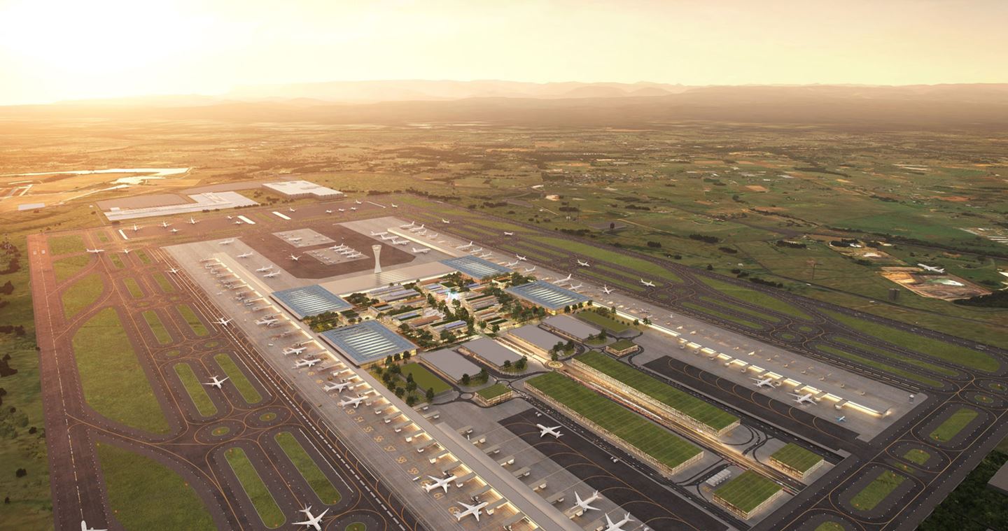 Aerial view of the terminal at dawn. Image courtesy of Western Sydney Airport.