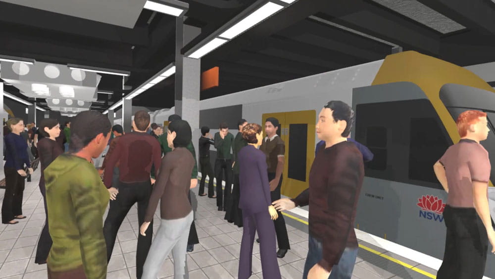 Virtual reality video capture of Wynyard Station platform with prototype diffusers suspended from ceiling.