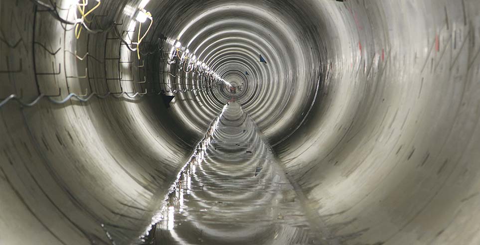 The inside of the Hobson Bay three kilometre long, 3.7 metre diameter tunnel, part of the Watercare Project.