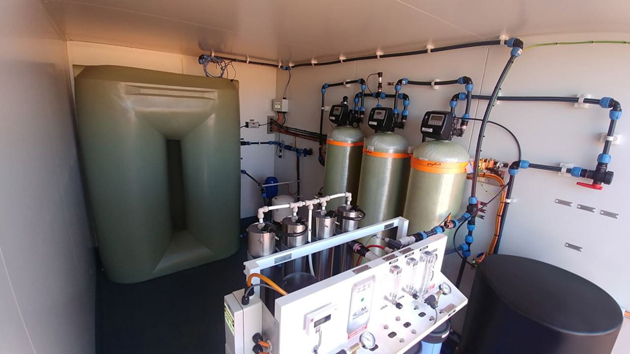 Gilghi is a self-contained, self-sufficient (off-grid), reverse osmosis water treatment plant housed within a shipping container.