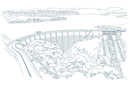 A line drawing of a dam